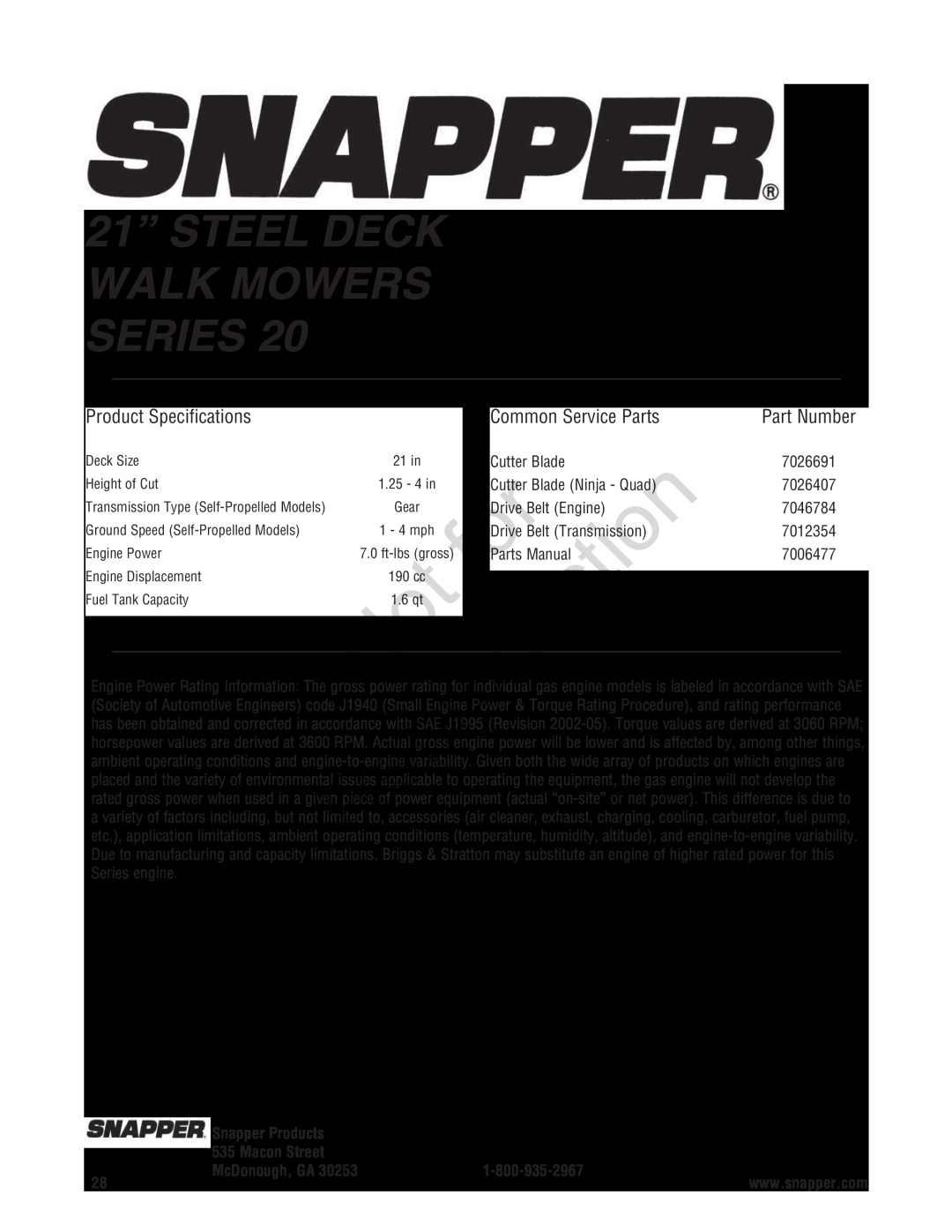 Snapper 7800597, 7800600 21” STEEL DECK WALK MOWERS SERIES, Product Specifications, Common Service Parts, Part Number 